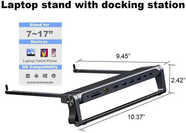 Alt view image 6 of 7 - 9-in-1 Portable Folding Laptop Stand and USB-C Docking Station with 4K HDMI, Gigabit Ethernet,SD/TF Card Reader,3.5mm Audio / Mic ,100W PD and 3x USB 3.0 5Gbps Hub Multiport Adapter