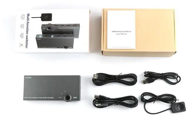 Alt view image 7 of 7 - 2-Port HDMI USB KVM Switch 4K@60Hz,HDMI Switcher 1 Monitor and 4 USB 2.0 Ports for 2 Computers Sharing Monitor Keyboard Mouse Hard Drives with Desktop Controller and Cable Kits