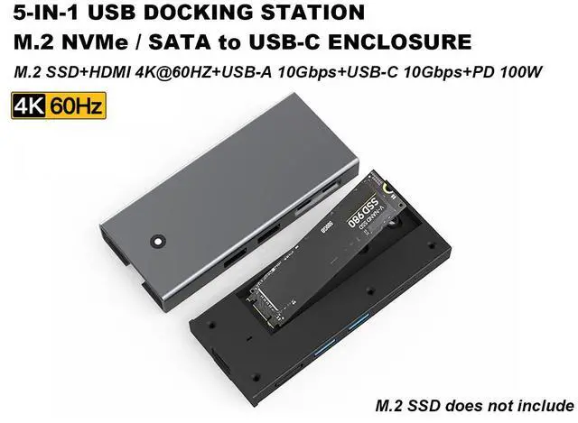 Alt view image 3 of 5 - 5 in 1 USB C Hub with M.2 NVMe/SATA SSD Enclosure 10Gbps, 4K@30Hz HDMI, USB 3.2 Type-C 10Gb/s, 2x USB-A 10Gbps and PD100W Charging Docking Station - Aluminum Alloy,30CM USB-C Cable