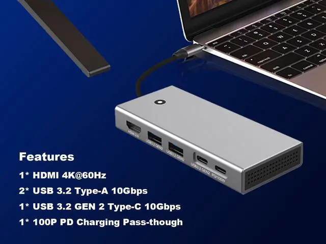 Alt view image 5 of 5 - 5 in 1 USB C Hub with M.2 NVMe/SATA SSD Enclosure 10Gbps, 4K@30Hz HDMI, USB 3.2 Type-C 10Gb/s, 2x USB-A 10Gbps and PD100W Charging Docking Station - Aluminum Alloy,30CM USB-C Cable