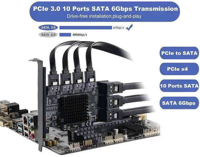 Alt view image 5 of 7 - SATA PCIe Card 10 Ports, 6 Gbps SATA 3.0 to PCI-e X4 Card,PCI Express to SATA(Non-Raid) Controller Expansion Card with Full Profile & Low Profile Bracket for 10 Ports SSD and HDD