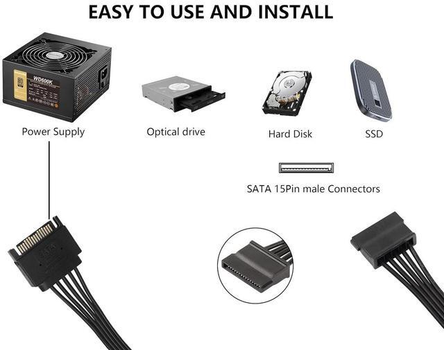 Alt view image 6 of 6 - SATA Power Splitter Cable,1 to 3 SATA 15-Pin Male to Female Extension Cable for SSD,DVD-ROM,HDD,13.8 Inch - Black