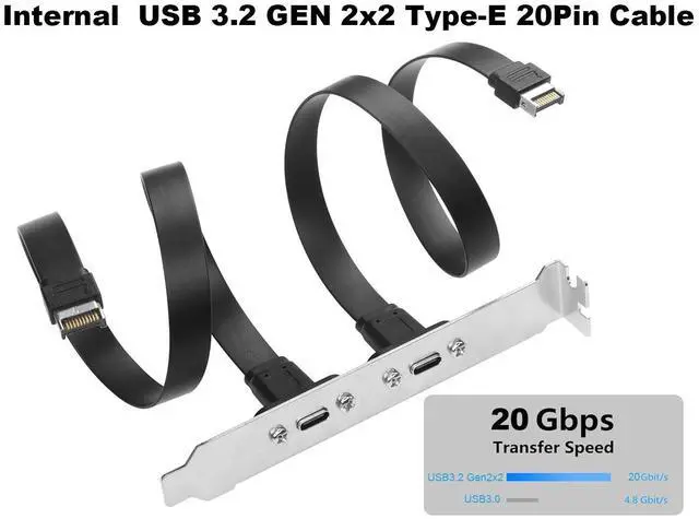 Alt view image 2 of 7 - 2 Ports USB 3.2 Gen 2x2 USB-C 20Gbps Adapter Flat Cable, Internal USB 3.2 20-Pin Type-E A Key Motherboard Header to Type-C Female Extension Cable with Full-Profile PCI Bracket Cover,1.64FT