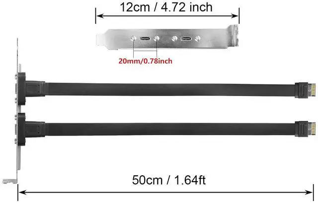 Alt view image 5 of 7 - 2 Ports USB 3.2 Gen 2x2 USB-C 20Gbps Adapter Flat Cable, Internal USB 3.2 20-Pin Type-E A Key Motherboard Header to Type-C Female Extension Cable with Full-Profile PCI Bracket Cover,1.64FT