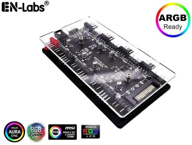 Main image of 2-in-1 PWM & ARGB 5V Addressable RGB Controller Hub 8 Ports 12V 4Pin Fan & 5V 3Pin AURA Adapter with PMMA Case and Magnetic Standoff for Cooling Radiator & Computer LED Strip Lights - SATA Powered