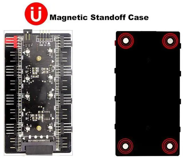 Alt view image 6 of 6 - 2-in-1 PWM & ARGB 5V Addressable RGB Controller Hub 8 Ports 12V 4Pin Fan & 5V 3Pin AURA Adapter with PMMA Case and Magnetic Standoff for Cooling Radiator & Computer LED Strip Lights - SATA Powered