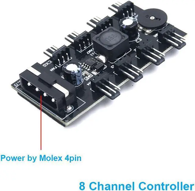 Alt view image 3 of 4 - 8 Channel Computer PC Case CPU Cooler 3pin cooling fan speed temperature controller, 8 Way 3 pin Fan Hub Power Supply Splitter by Molex 4Pin