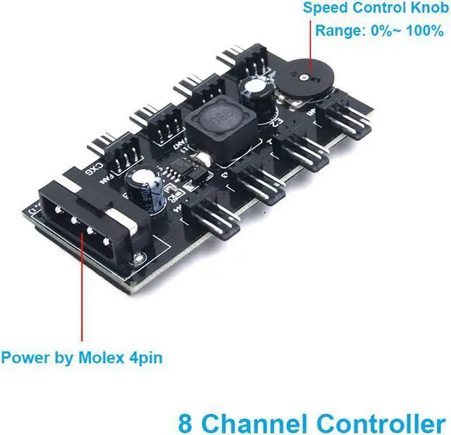 Alt view image 3 of 4 - EnLabs TX3CO8D Molex 4pin to 8 Port 3-pin Fan Hub Splitter - Internal Knob Fan Speed Controller,Compatible with 3 pin 4 pin CPU & Case Fan Control by Voltage Adjusted