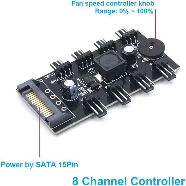 Alt view image 3 of 4 - EnLabs TX3CO8S 8 Channel Computer PC 3pin CPU Cooler Case Fan Speed Temperature Controller w/ Rubber Backed Tap for Internal & Mining - 8 Way 3 pin Fan Hub, Power by SATA 15pin