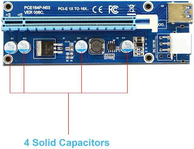 Alt view image 6 of 7 - 4 Solid Capacitors VER 006C PCIe 1x to 16x PCI Express Extender Powered Riser Card,Ethereum Mining ETH GPU Riser Adapter Power by PCIe 6pin w/ 60cm USB 3.0 Extension Cable& 6-Pin PCI-E to SATA Power C
