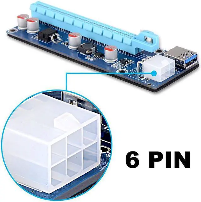 Alt view image 4 of 7 - 4 Solid Capacitors VER 006C PCIe 1x to 16x PCI Express Extender Powered Riser Card,Ethereum Mining ETH GPU Riser Adapter Power by PCIe 6pin w/ 60cm USB 3.0 Extension Cable& 6-Pin PCI-E to SATA Power C