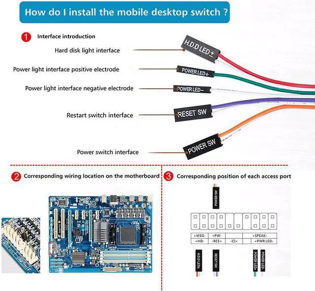 Alt view image 7 of 7 - EN-Labs DESKTOPPWSW Desktop Computer Motherboard Power Supply Button Switch ,cables Comb on/off Reset Switch,HDD LED connectors - 1.6m