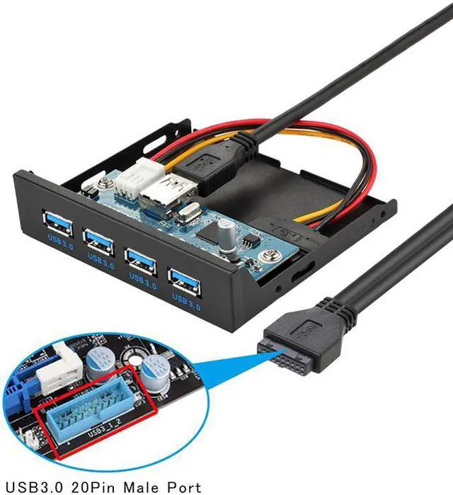 Alt view image 4 of 5 - EnLabs FP35U34M Desktop Computer 4 Ports USB 3.0 Hub 3.5 inch Front Panel, USB 20 Pin to 4 USB3 Adpater Floppy Bay Panel w/ Extra SATA Power - 2 Feed USB 20Pin Cable - Black