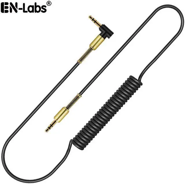 Main image of EnLabs CAR35MM1.5MBK Coiled 90 Degree 3.5mm Male to Male Stereo Audio Cable for Car Aux Port,Gold Plated (4.5 FT Stretched Length) - Black