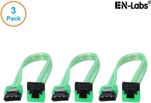Main image of EnLabs 3PKSATAIII6GNA 3 Pack SATA 3.0 6Gbps Straight to 90 Degree Right-Angle HDD SDD Data Cable w/ Locking Latch - UV Green - 6 inch