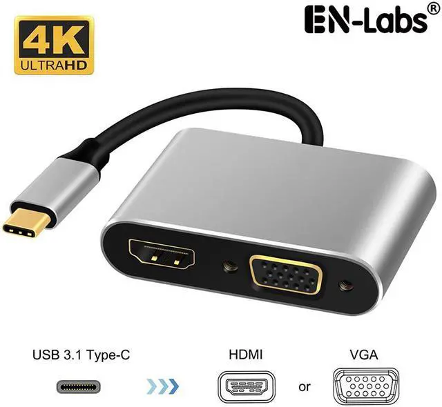 Main image of EnLabs USBC2VHDGY USB 3.1 Type-C to HDMI VGA Adapter, 2 in1 VGA HDMI 4K UHD Dual Screen Display Adapter (Compatible Thunderbolt 3 Port) for MacBook Pro, Chromebook, Dell, HP, more - Gray