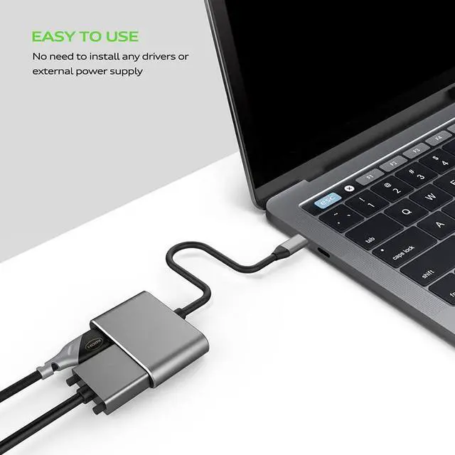 Alt view image 4 of 5 - EnLabs USBC2VHDGY USB 3.1 Type-C to HDMI VGA Adapter, 2 in1 VGA HDMI 4K UHD Dual Screen Display Adapter (Compatible Thunderbolt 3 Port) for MacBook Pro, Chromebook, Dell, HP, more - Gray