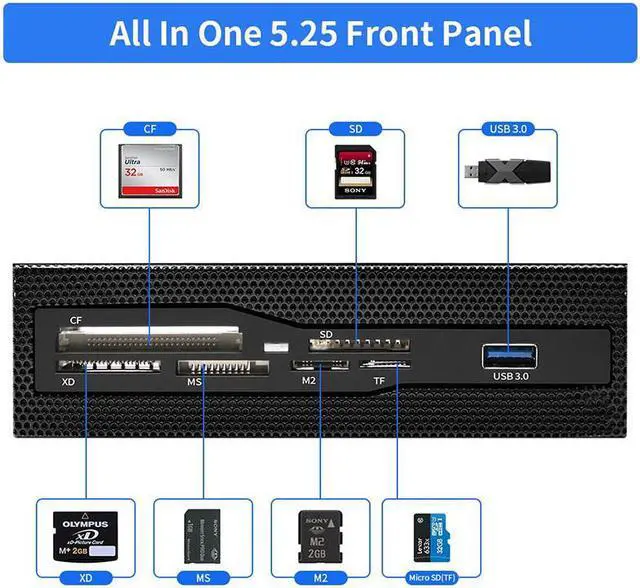 Alt view image 4 of 7 - EnLabs U2CR525U3 5.25 inch PC Case Mesh Front panel All-in-1 Multifunction CF/XD/MS/M2/SD/TF Internal USB 2 .0 Card Reader USB Flash Memory w/ USB 3.0 Port