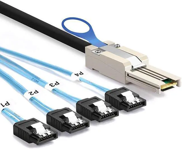 Alt view image 2 of 5 - EnLabs SFF80884SATA1M Mini SAS 36Pin (SFF-8088) Male to 4 SATA 7Pin Female Cable with Latch, External Mini SAS SFF8088 Host/Controller to 4 SATA Target/Backplane - 3.3FT