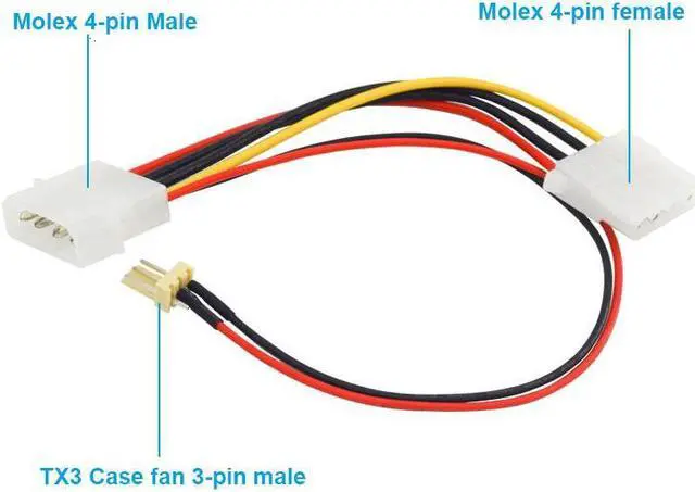 Alt view image 4 of 4 - 8 inch Molex 4pin to 3pin TX3 CPU / Case Fan Male Power Adapter Converter Cable w/ 4inch Molex 4pin Female Extension Port Saver
