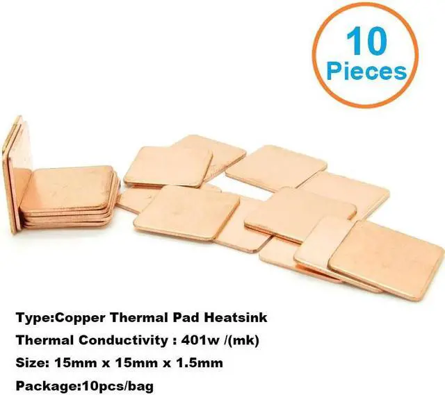 Main image of New Premium 10pcs/lot 15x15x1.5mm DIY Copper Shim Heatsink thermal Pad for Laptop GPU CPU VGA Chip RAM Memory chips Copper Heat sink