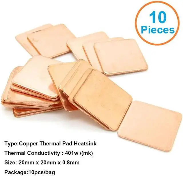Alt view image 2 of 5 - 10pcs/lot 20x20x0.8mm DIY Copper Shim Heatsink thermal Pad Cooling for XBOX360 PS2 3 4 BGA CPU VGA Chip RAM  Memory chips IC Cooler Heat sink
