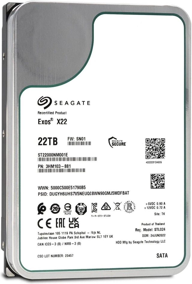 Alt view image 3 of 6 - Seagate Exos X22 22TB SATA 6Gb/s 3.5" Enterprise Hard Drive - ST22000NM001E