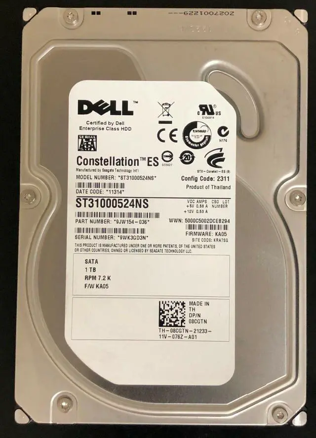 Main image of 8CGTN ST31000524NS DELL 1TB 7.2K 32MB 3.5" SATA HARD DRIVE 08CGTN
