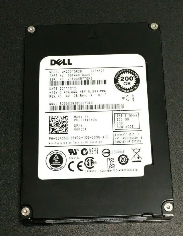 Main image of (NOT FOR HOME PC!) Dell Toshiba 200GB SAS SSD 2.5in 6Gb/s 6K55X Drive 06K55X MK2001GRZB W/O TRAY