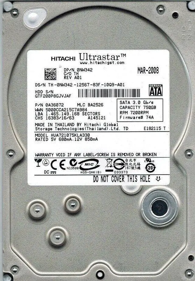Main image of HUA721075KLA330 Hitachi/Dell Ultrastar 750GB 7200RPM SATA II 3G 3.5" HDD NW342