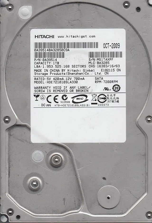 Main image of HDE721010SLA330 Hitachi 3.5" 1TB 7.2K SATA HDD 0A39514 - OEM