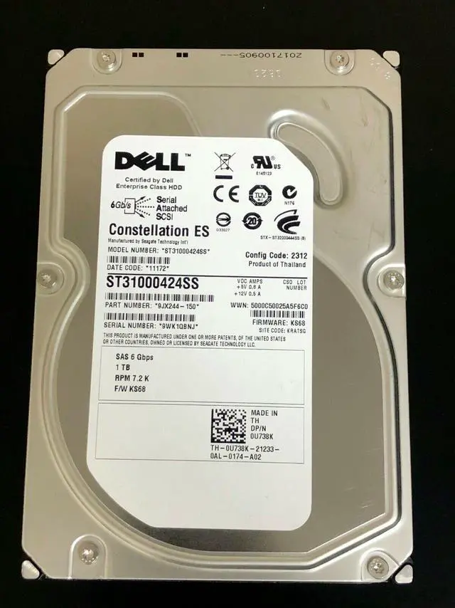 Main image of (NOT FOR HOME PC!) 0U738K ST31000424SS DELL 1TB 7.2K LFF 3.5" SAS HARD DRIVE U738K