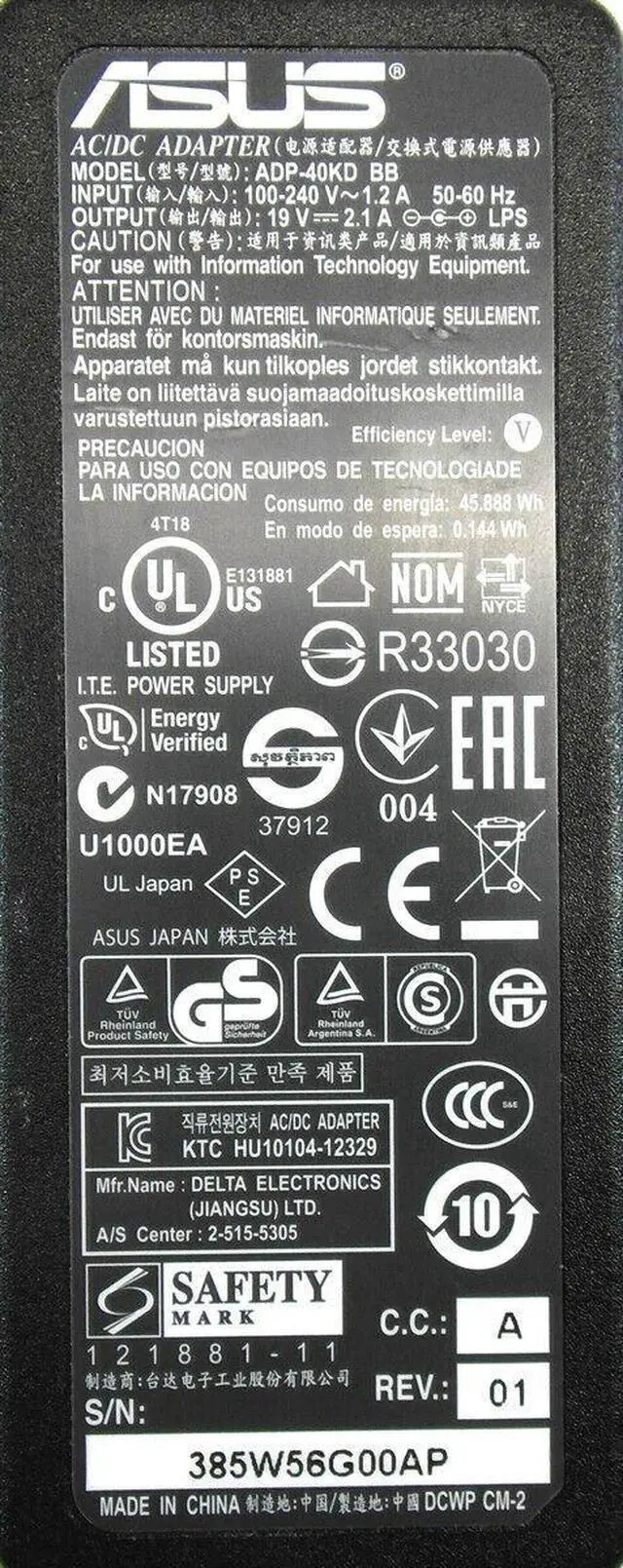 Alt view image 2 of 3 - Genuine Asus Laptop Charger AC Adapter Power Supply ADP-40KD BB C.C. A 5.5mm Tip