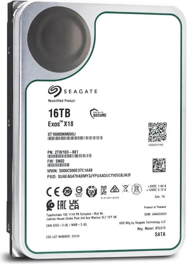 Refurbished: Seagate Exos X18 16TB SATA 6Gb/s 3.5 Refurbished: Seagate Exos X18 16TB SATA 6Gb/s 3.5