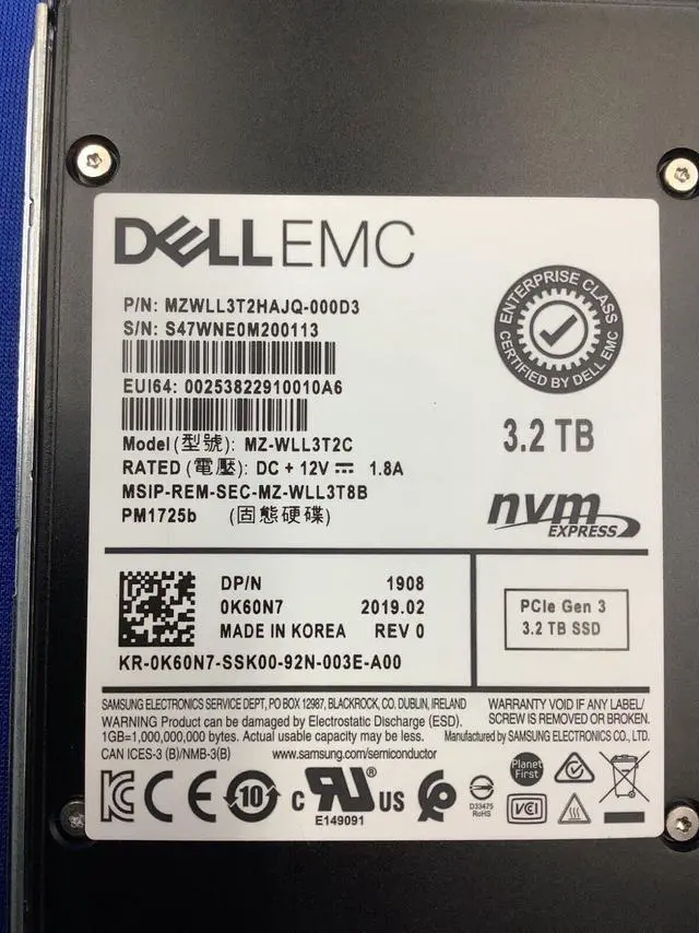Alt view image 3 of 6 - K60N7 DELL EMC SAMSUNG PM1725B 3.2TB NVMe 2.5 SSD 0K60N7 MZ-WLL3T2C MZWLL3T2HAJQ