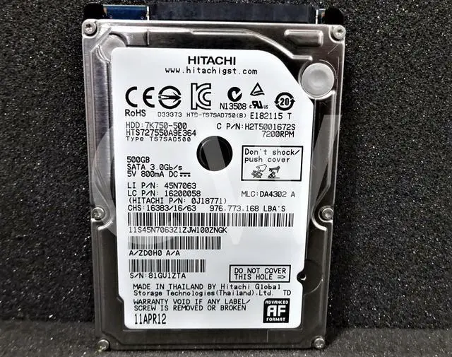 Main image of HTS727550A9E364 Hitachi 0J18811 500GB 7.2K RPM 3Gb/s 2.5"SATA HDD Hard Drive