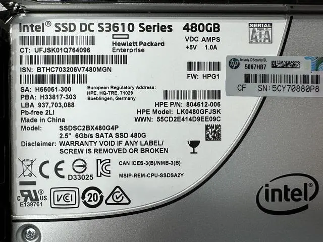 Alt view image 3 of 5 - 98-99% HPE Intel DC S3610 480GB SATA 6G MU 2.5in SSD 3DWPD 3.7PBW MLC SFF SC