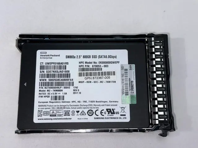 Alt view image 2 of 4 - HPE 800GB SATA WI SFF 2.5 SC SSD 14.6 TBW 10DWPD Write Intensive 99.8% DS SM865a