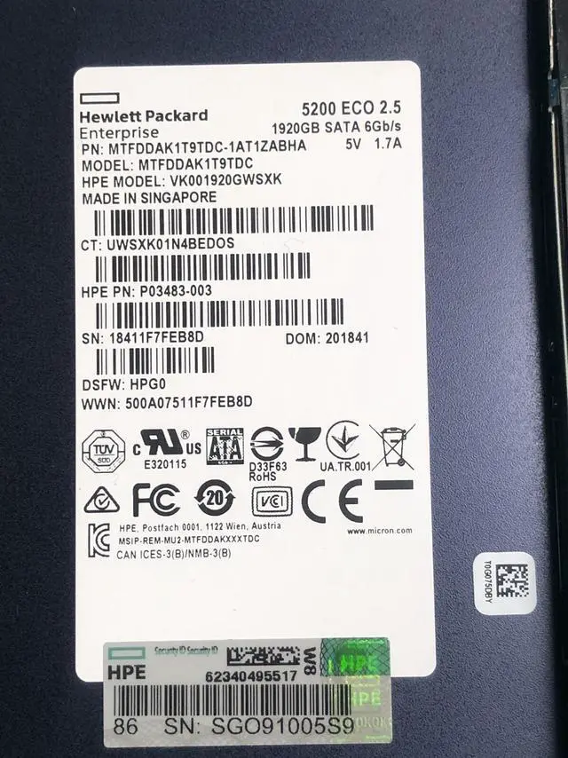 Alt view image 4 of 5 - 1.92TB SATA 6G HPE Micron 5200 Eco Read Intensive 2.5 SFF SSD Smart Carrier SC