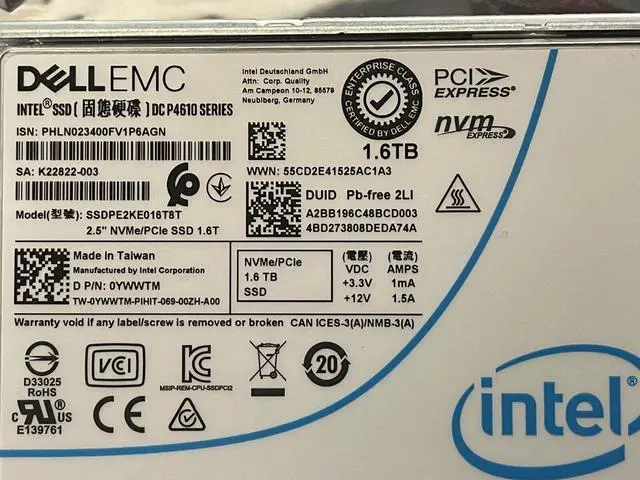 Alt view image 3 of 4 - Dell Intel DC P4610 1.6TB 2.5 Mixed Use PCI-e 3.1 x4 NVMe SSD 12.25 PBW U2 15mm