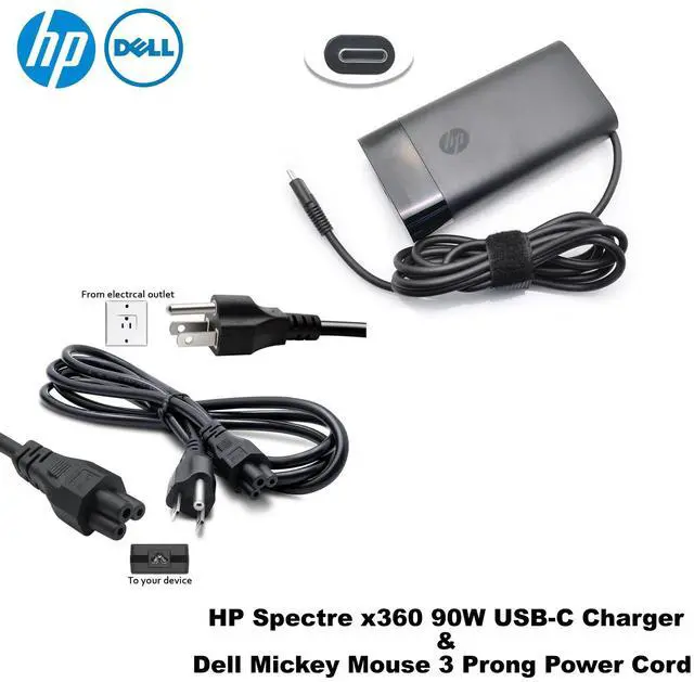 Main image of HP Spectre x360 90W USB-C Charger & Dell Mickey Mouse 3-Prong Power Cord Combo