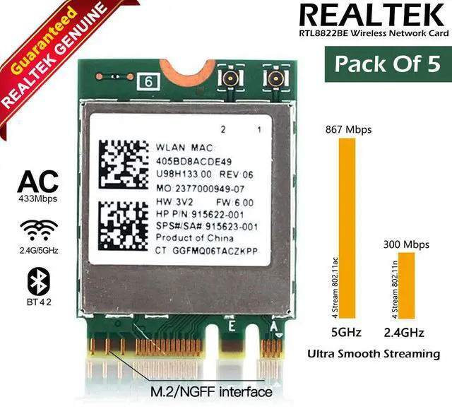 Main image of Lot X 5 Realtek RTL8822BE U98H133 Dual Band Wireless Card 915622-001 915623-001