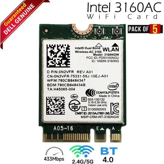 Main image of Lot X 5 Dell Intel Wireless-AC 3160 Dual Band WLAN WiFi Bluetooth M.2 Card N2VFR