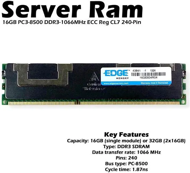 Alt view image 2 of 7 - (NOT FOR HOME PC!) Edge 16GE604R04 16GB PC3-8500 DDR3-1066MHz ECC Reg CL7 240-Pin Server RAM Memory