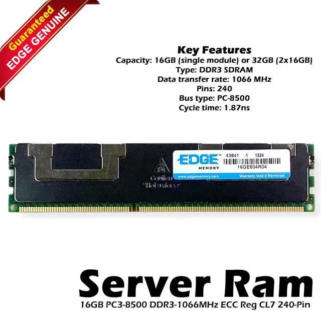 Main image of (NOT FOR HOME PC!) Edge 16GE604R04 16GB PC3-8500 DDR3-1066MHz ECC Reg CL7 240-Pin Server RAM Memory