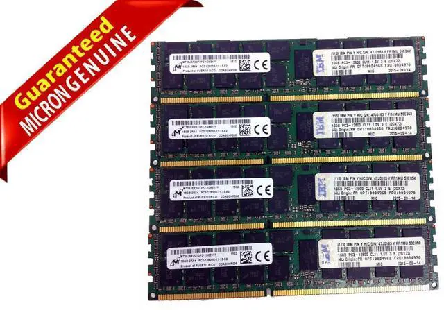Main image of Lot of 4 Micron MT36JSF2G72PZ-1G6E1FF 4x16GB 2Rx4 PC3-12800R Server Memory