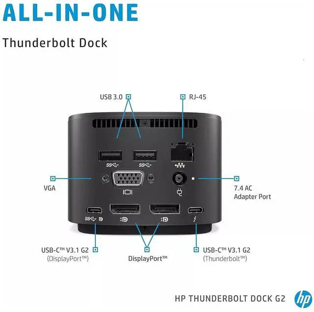 Alt view image 2 of 6 - HP Thunderbolt Dock G2 120W USB-C Docking Station Port Replicator 2UK37UT
