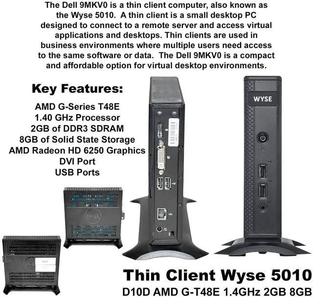 Alt view image 2 of 7 - Dell Wyse 5010 D10D Thin Client AMD G-T48E 1.4GHz 2GB RAM 8GB SSD ThinOS RJ45