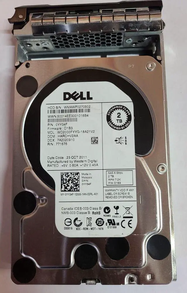 Main image of (NOT FOR HOME PC!) YY34F 0YY34F WD2000FYYG DELL 2TB 7.2K 6G LFF 3.5" SAS HDD HARD DRIVE with caddy