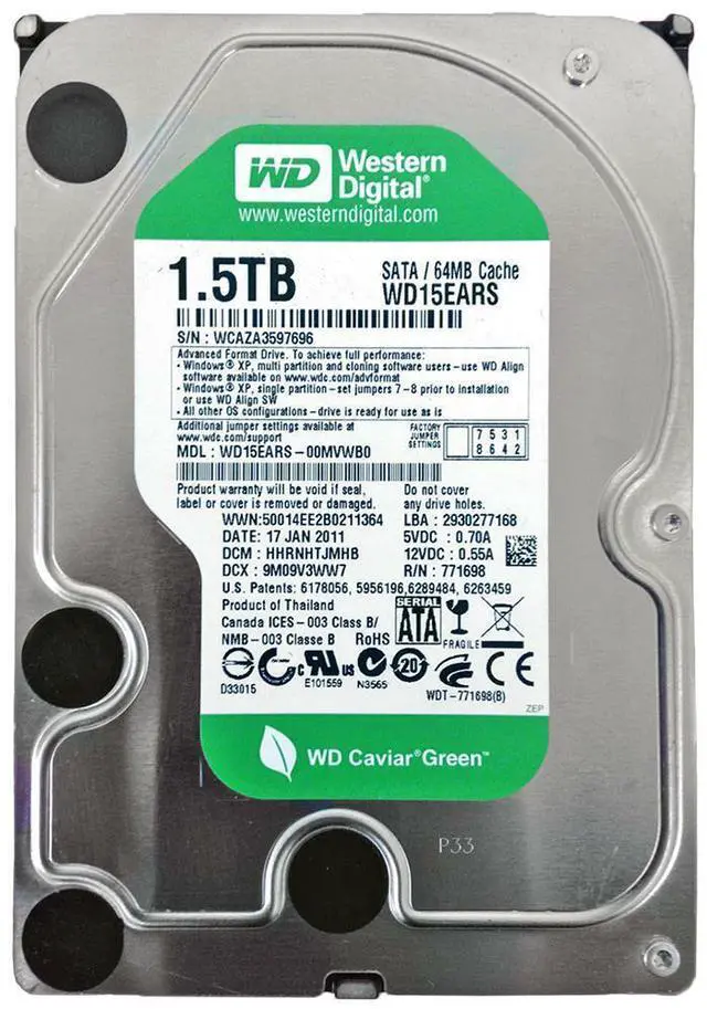 Main image of Western Digital Caviar Green WD15EARS 1.5 TB 1500GB 3.5" SATA Hard Drive HDD